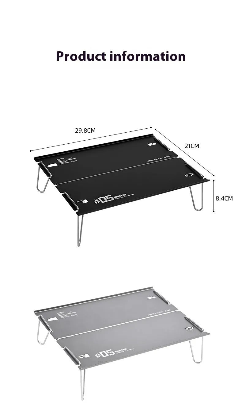 Outdoor 05 Series aluminium alloy folding table shown folded and unfolded in black and grey colours.