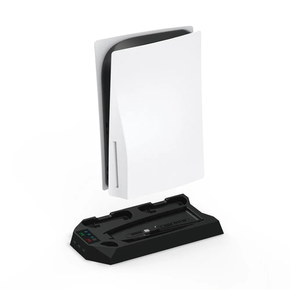 PS5 charging base radiator with storage compartments for controller, remote, and headset