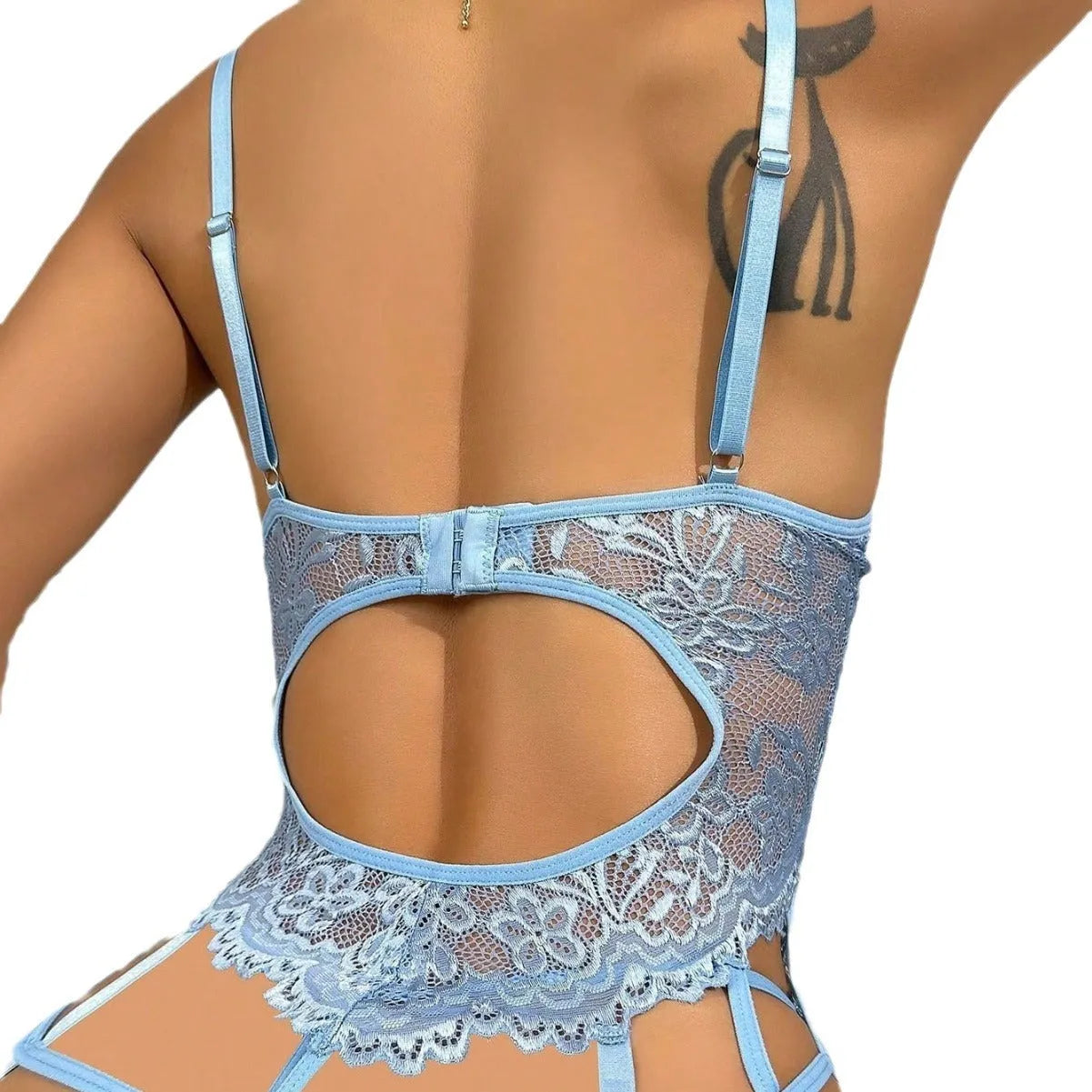 Lace bra set for women with fixed backless shoulder straps in black, pink, white, and light blue colours