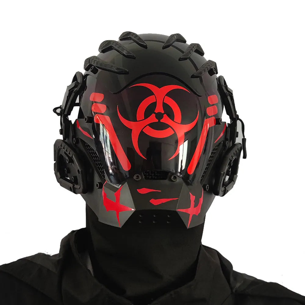 Black angular full-face tech helmet mask on a white background, showing sculpted details.