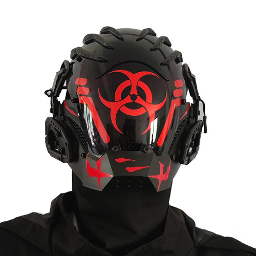 Black angular full-face tech helmet mask on a white background, showing sculpted details.