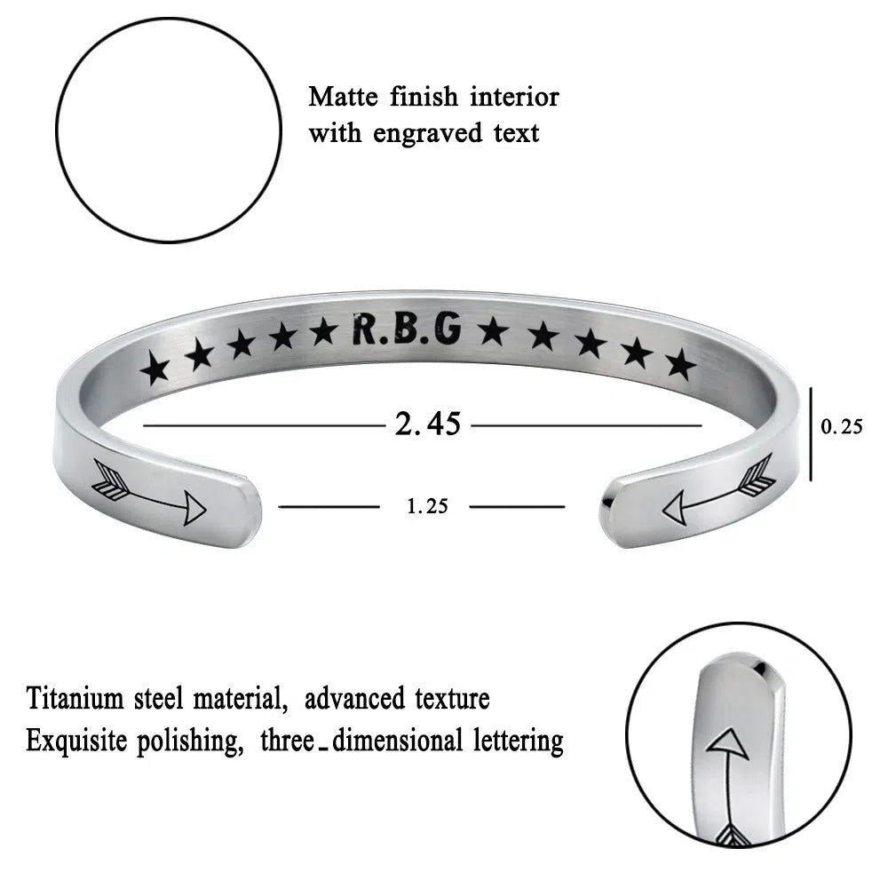 Stainless steel C-shaped RBG Ginsburg bracelet in gold, rose gold, and silver colours on wrist