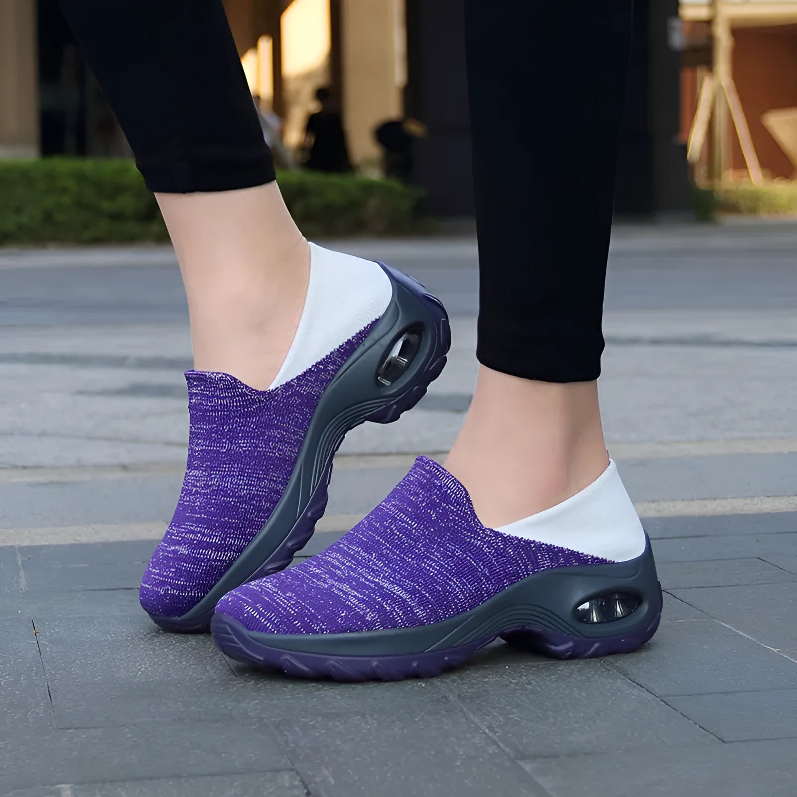Lightweight non-slip walking shoes for elderly in blue with thick rocking sole and round toe