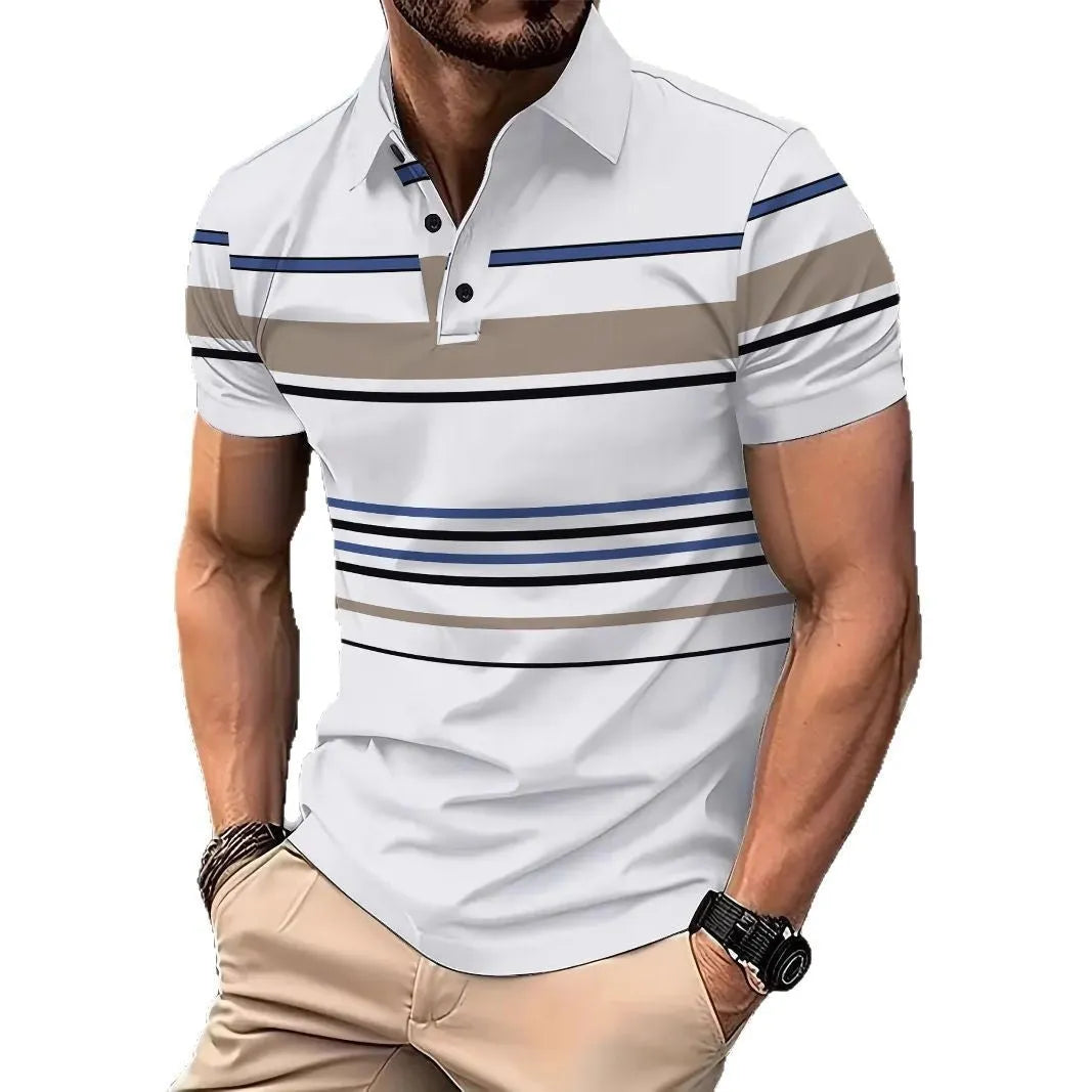 Men's white striped short sleeve T-shirt on hanger showing business casual style