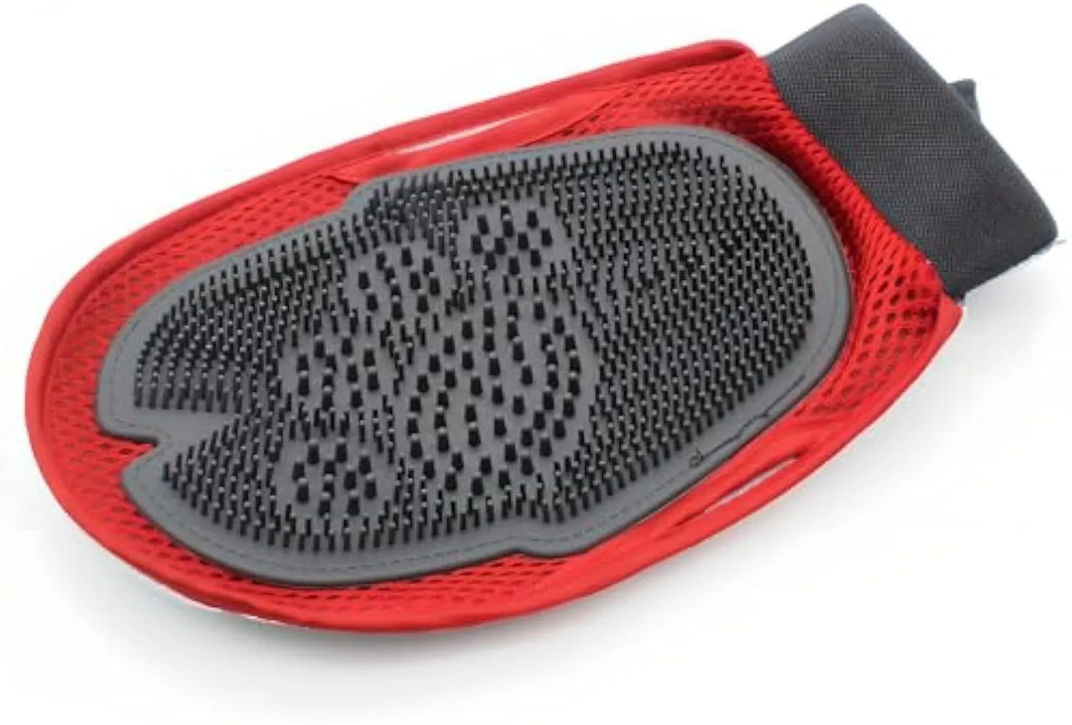 Red pet bathing glove grooming tool with integrated soft brush for washing dogs and cats.