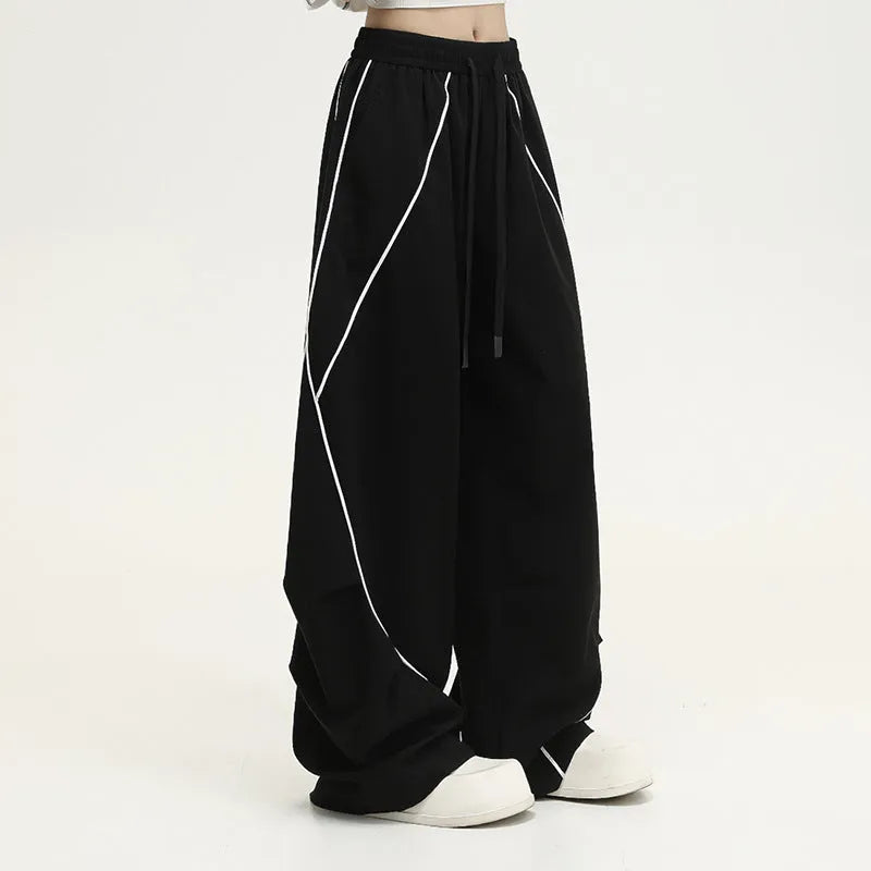 Black striped wide-leg hip hop trousers with elastic mid-waist