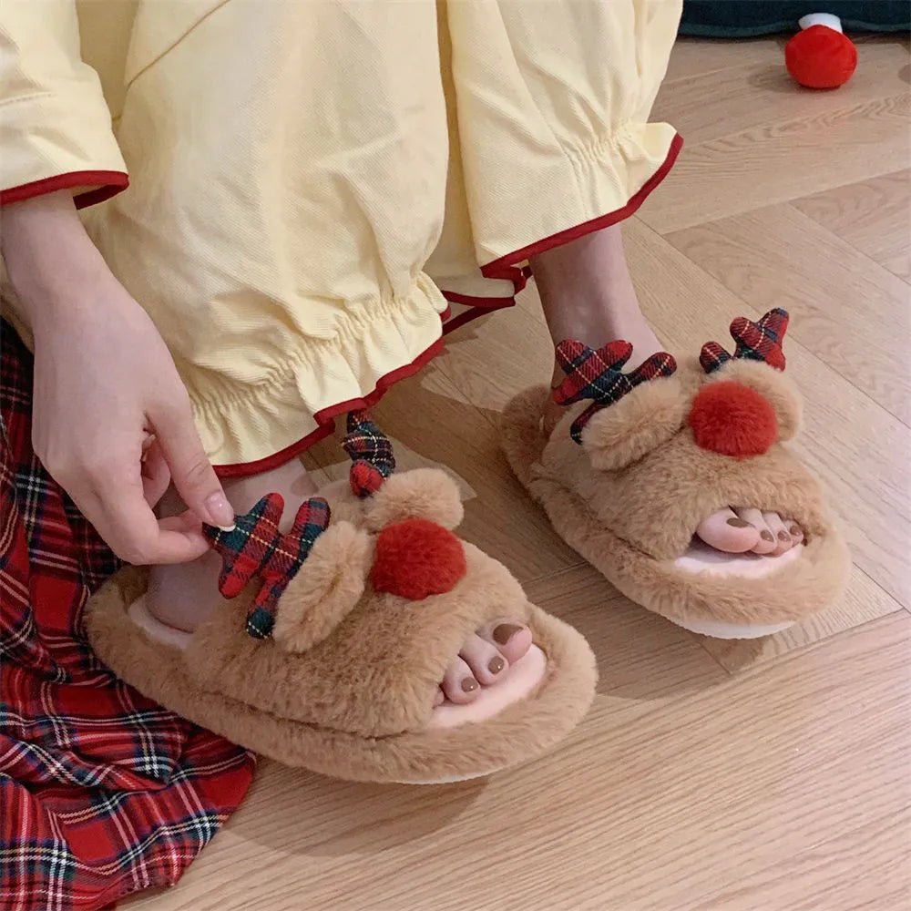 Women's brown suede slippers with cartoon fawn pattern, flip-flop style with PVC sole