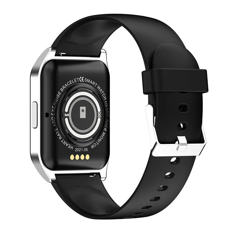 Black and silver smart watch with 1.69-inch touchscreen display and silicone wristband for Bluetooth calls