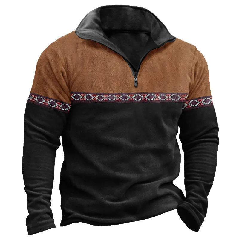 Retro patchwork pattern on a zip-front polo shirt sweater in a cotton blend fabric.