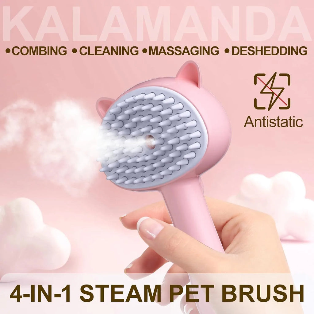 Blue cat steam brush with ergonomic handle and soft rubber comb teeth for pet grooming