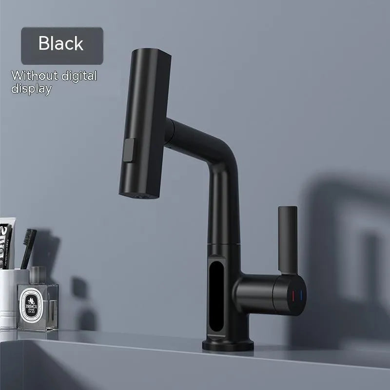 Digital display pull-out kitchen faucet with LED temperature readout and rotating waterfall spout