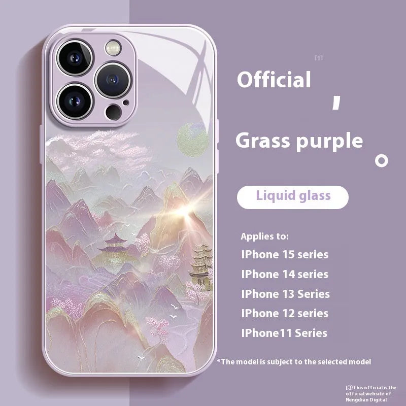 iPhone liquid glass phone case with gold silk Yuanshan print in grass purple colour