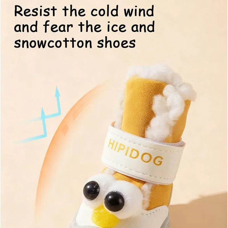 Brown thick warm anti-slip dog shoe with plush wool lining and adjustable strap for winter walking