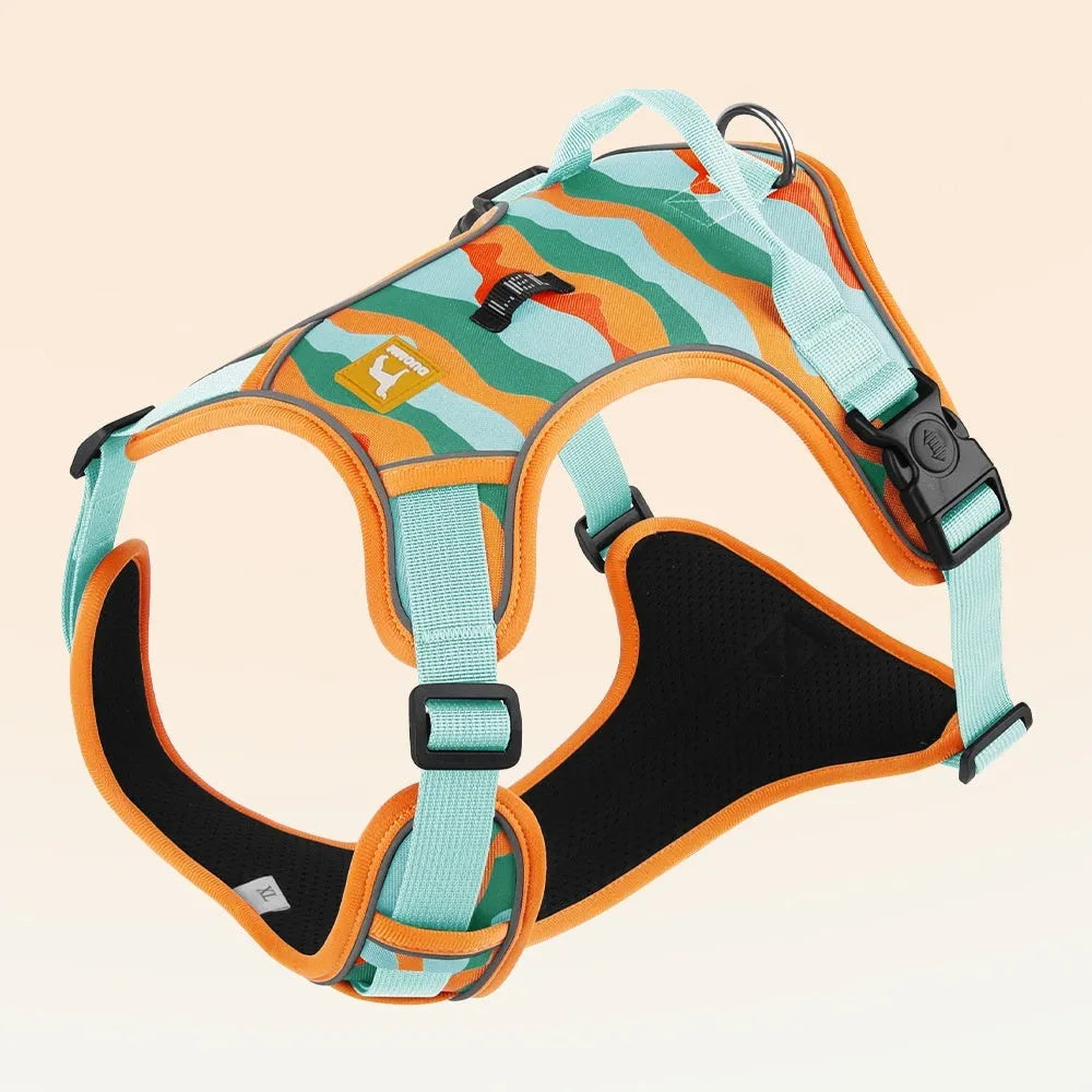 Orange oxford cloth dog harness with reflective strips and an attached hand-holding rope.