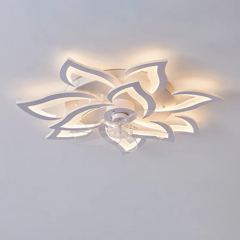 Modern white ceiling fan light with six-blade design and integrated light fitting on a room ceiling.