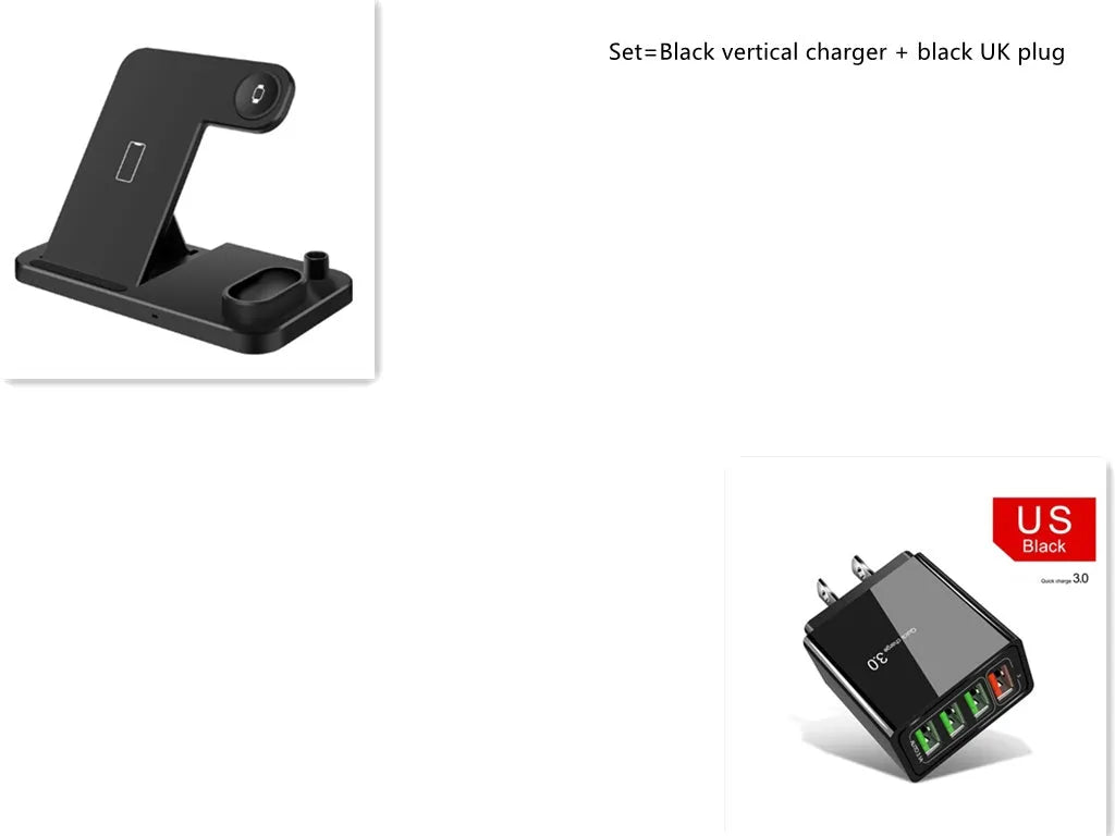 Black 4-in-1 wireless charging dock showing phone on adjustable stand, Apple Watch, AirPods, and Apple Pencil charging simultaneously.