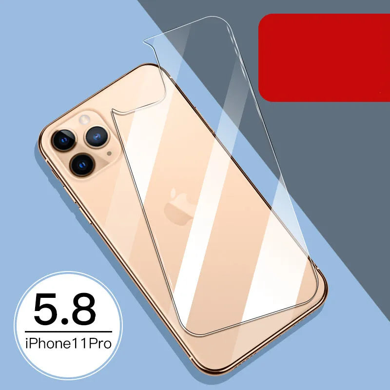 iPhone 11 Pro Max tempered glass screen protector with rear film and front film options.