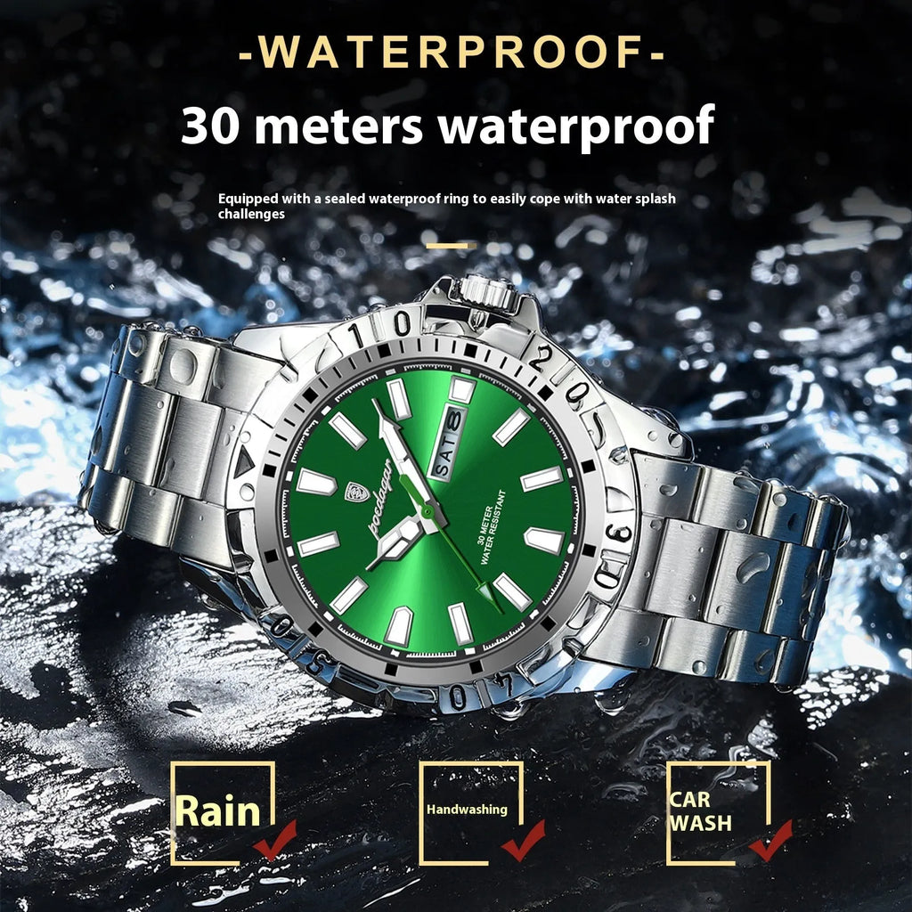 Swiss waterproof men's luminous watch with steel bracelet in gold, silver or black case options