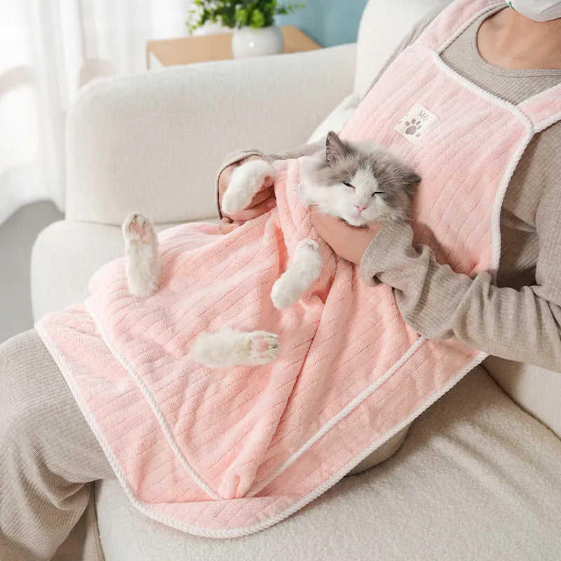 Cat petting apron in cloth material showing colour options including pink, light blue, light purple and striped patterns