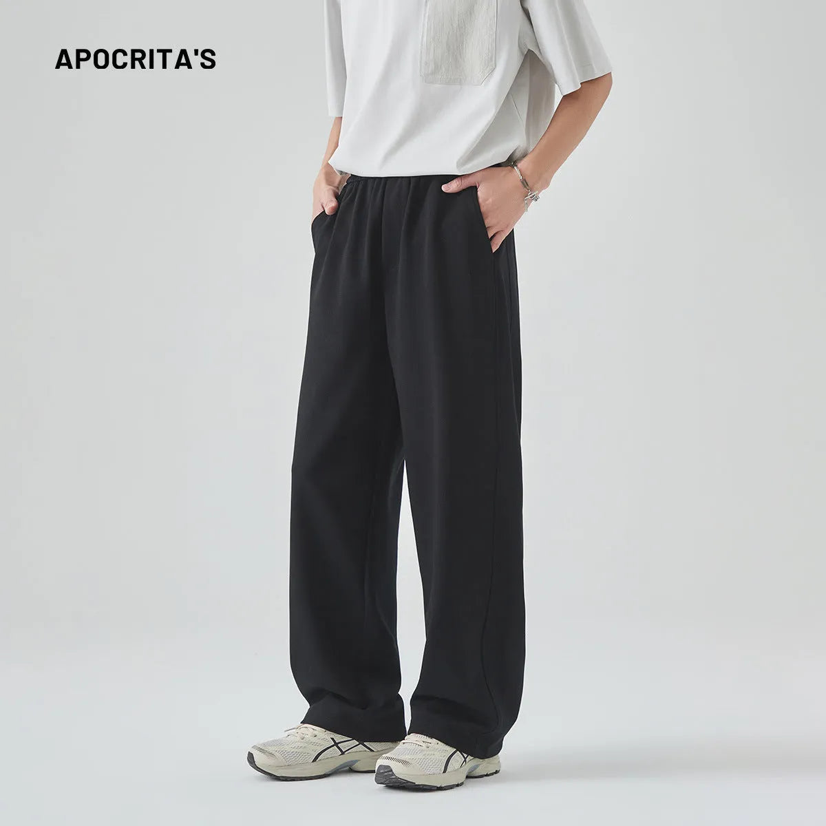 Men's grey cotton blend trousers with lace-up front and straight-leg fit