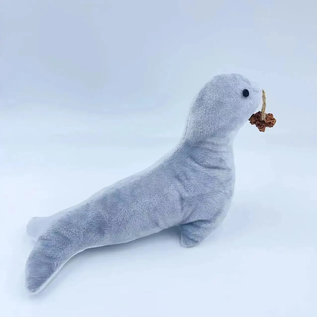 Blue sea lion plush cat toy with bell sound and catnip for teeth grinding and interactive play