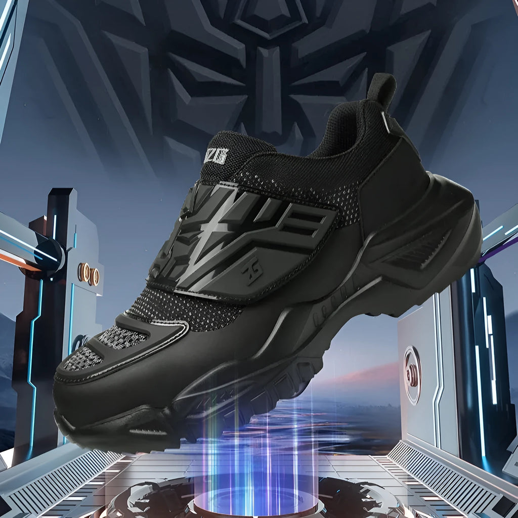 Black safety shoes with steel toe cap, felt buckle closure and anti-puncture sole for workplace protection