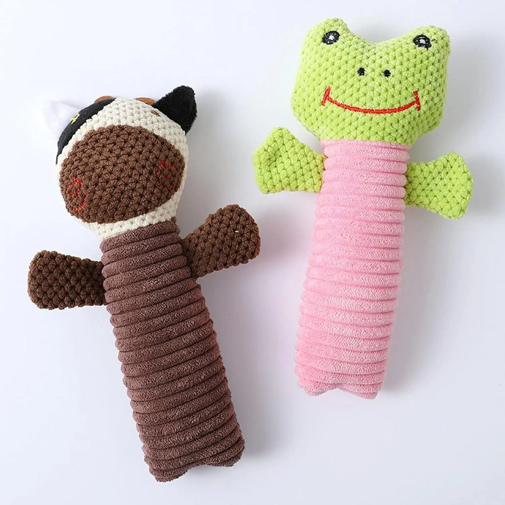 Dog squeaky chew toy in stuffed animal shape for dental cleaning, 19cm long