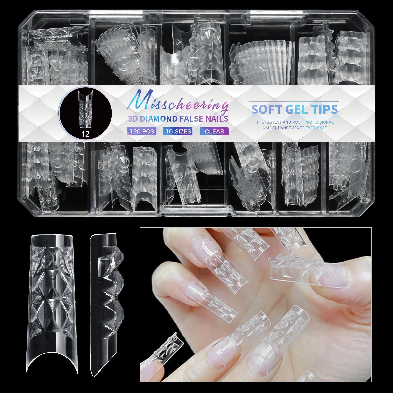 3D diamond pattern long nail tips in glitter colours for nail art enhancement