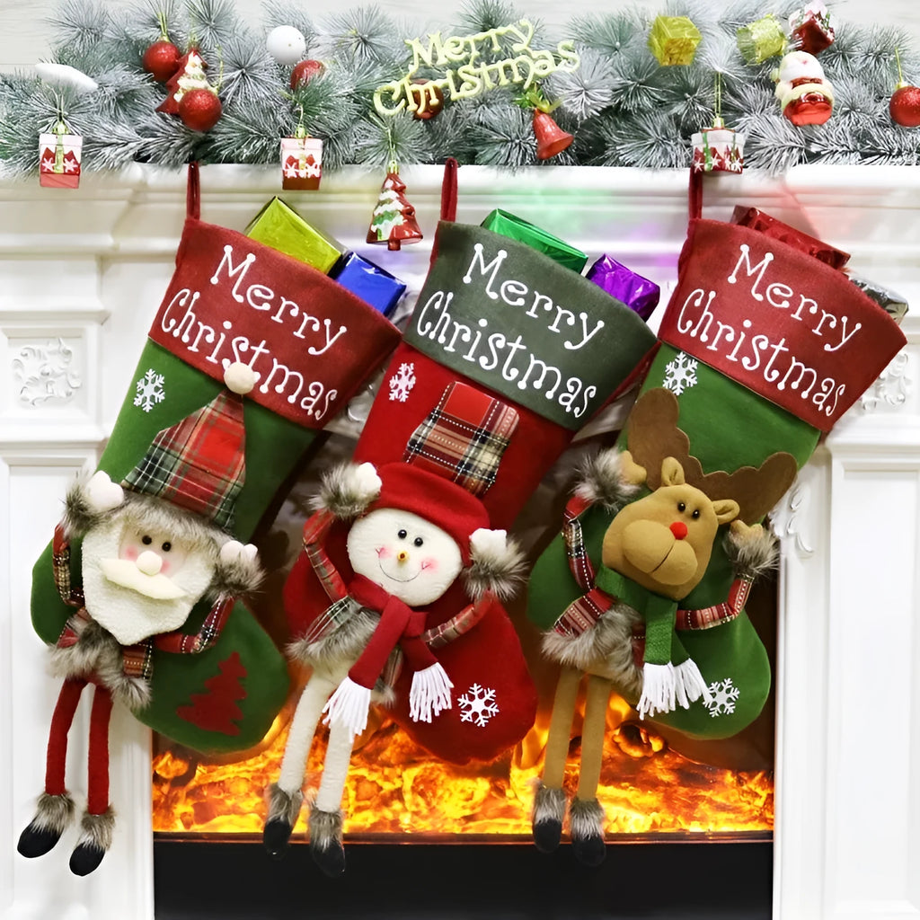 Set of three large red, white, and brown Christmas stockings featuring Santa, Snowman, and Reindeer 3D designs.