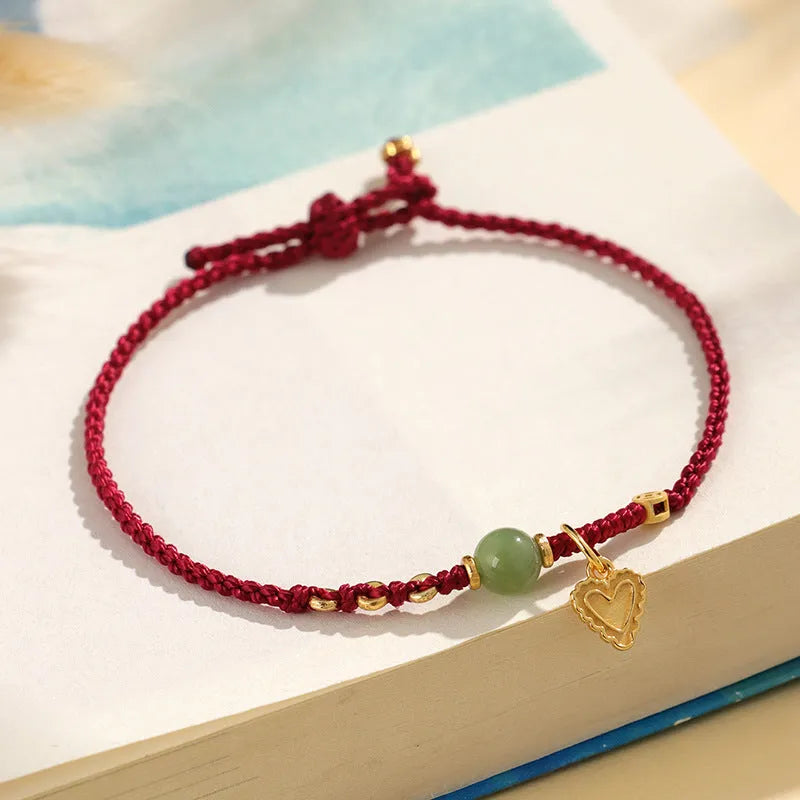 Handmade woven women's bracelet with 925 silver and red Hetian jade
