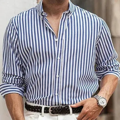 Men's loose fit striped casual button-up shirt in polyester fabric