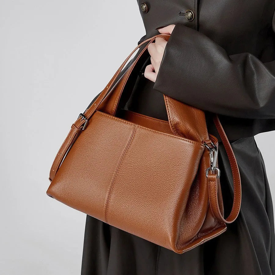 Women's genuine leather messenger bag with retro texture in horizontal square shape with shoulder straps