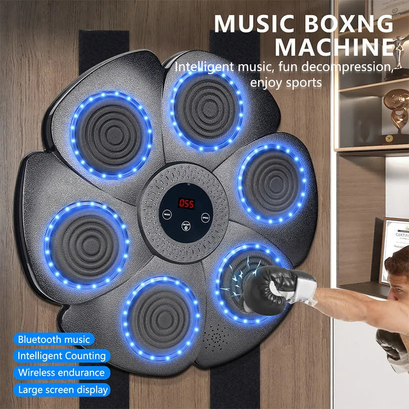 Black plastic smart boxing wall target with LED lights and included half-finger gloves.