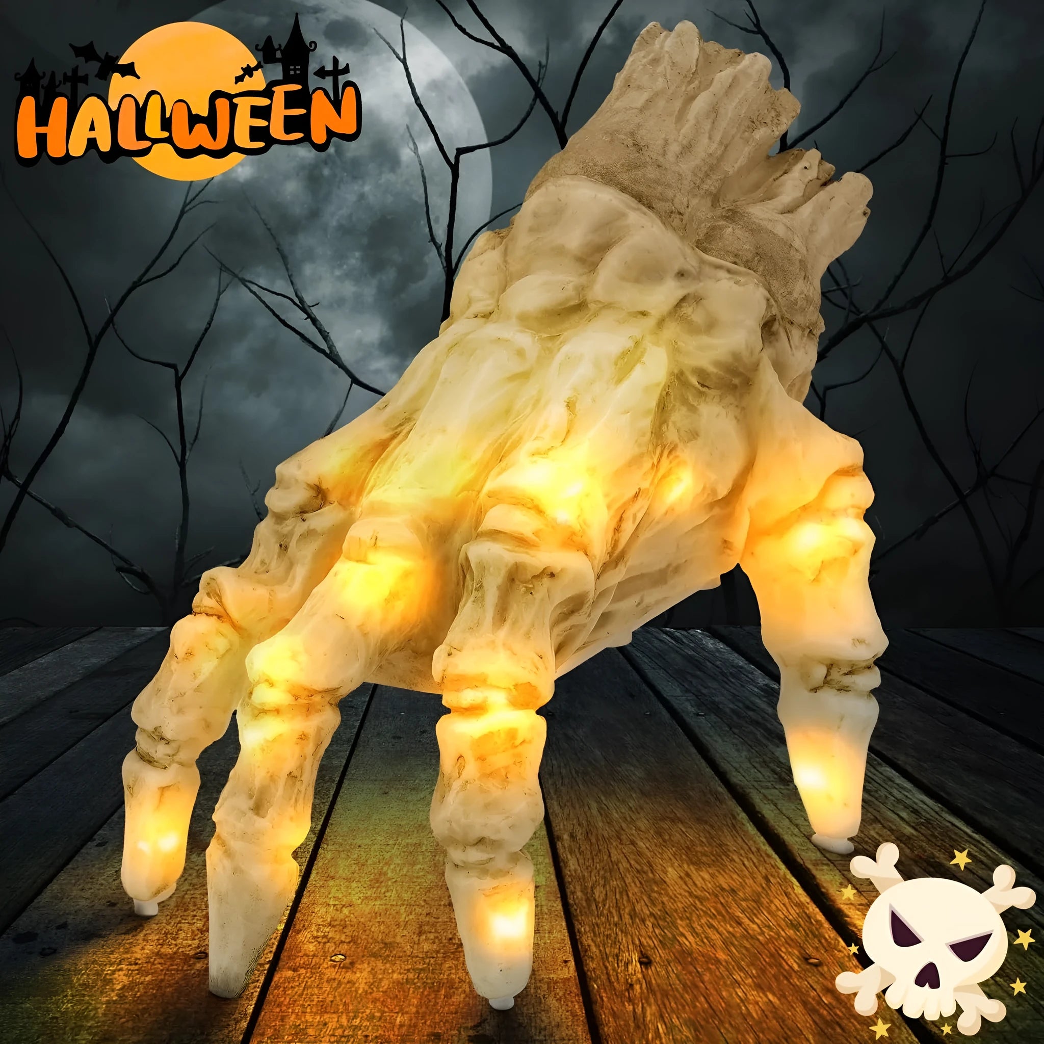 Halloween electric luminous crawling hand made of realistic vinyl with glowing lights on a floor