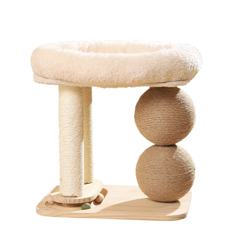 Natural pine wood cat nest with an elevated base and two balls on columns, one style with sisal rope texture.