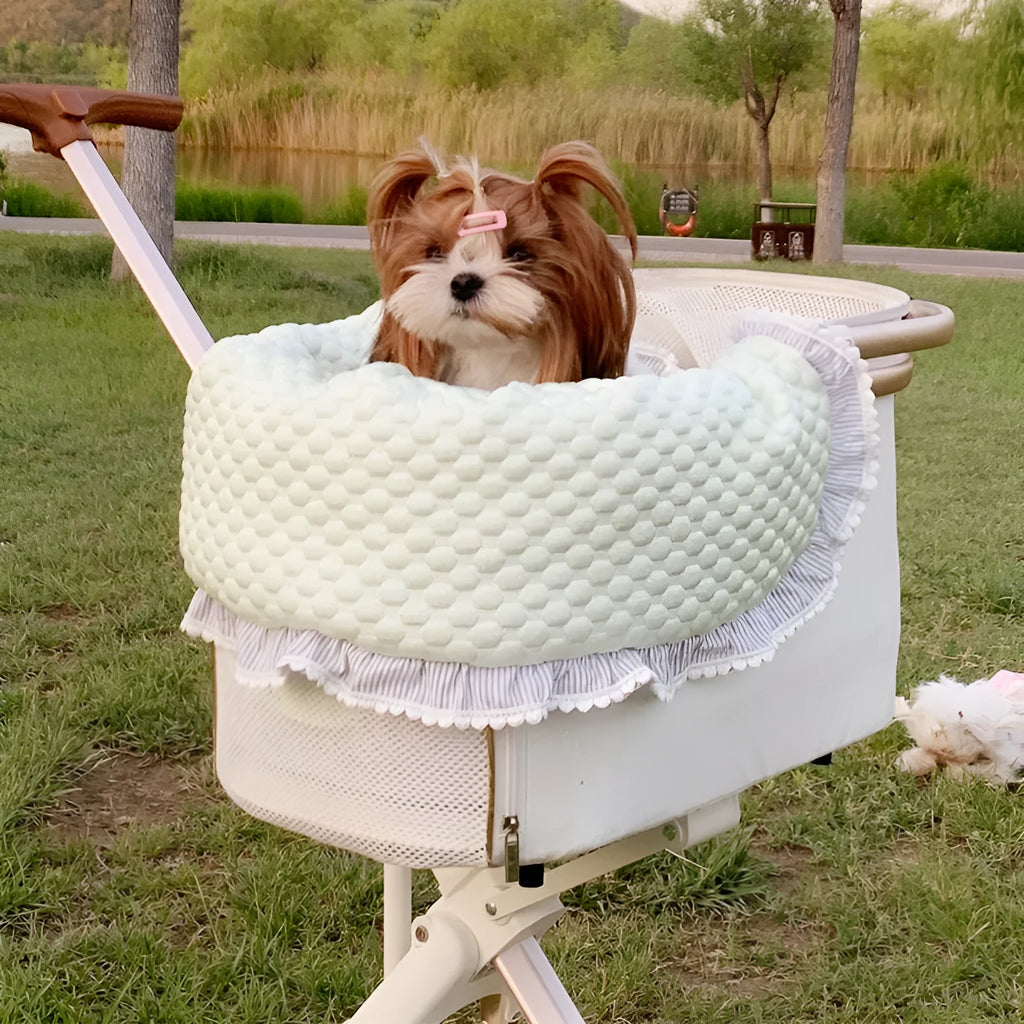 Removable washable pet stroller pad set showing towel, cushion, and pillow in a floral pattern.