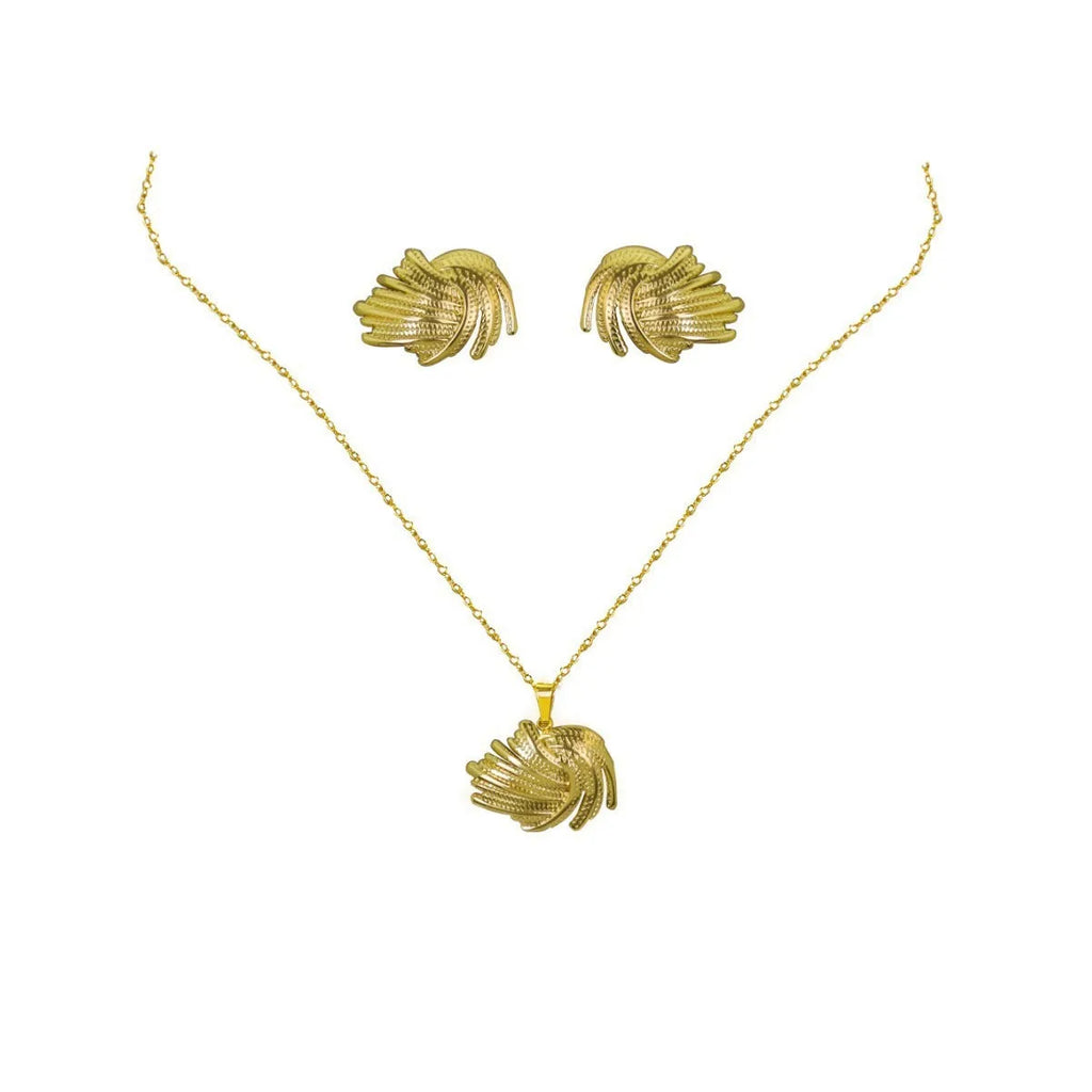Geometric leaves texture flower love heart earrings and necklace set with stainless steel pendant and regular chain
