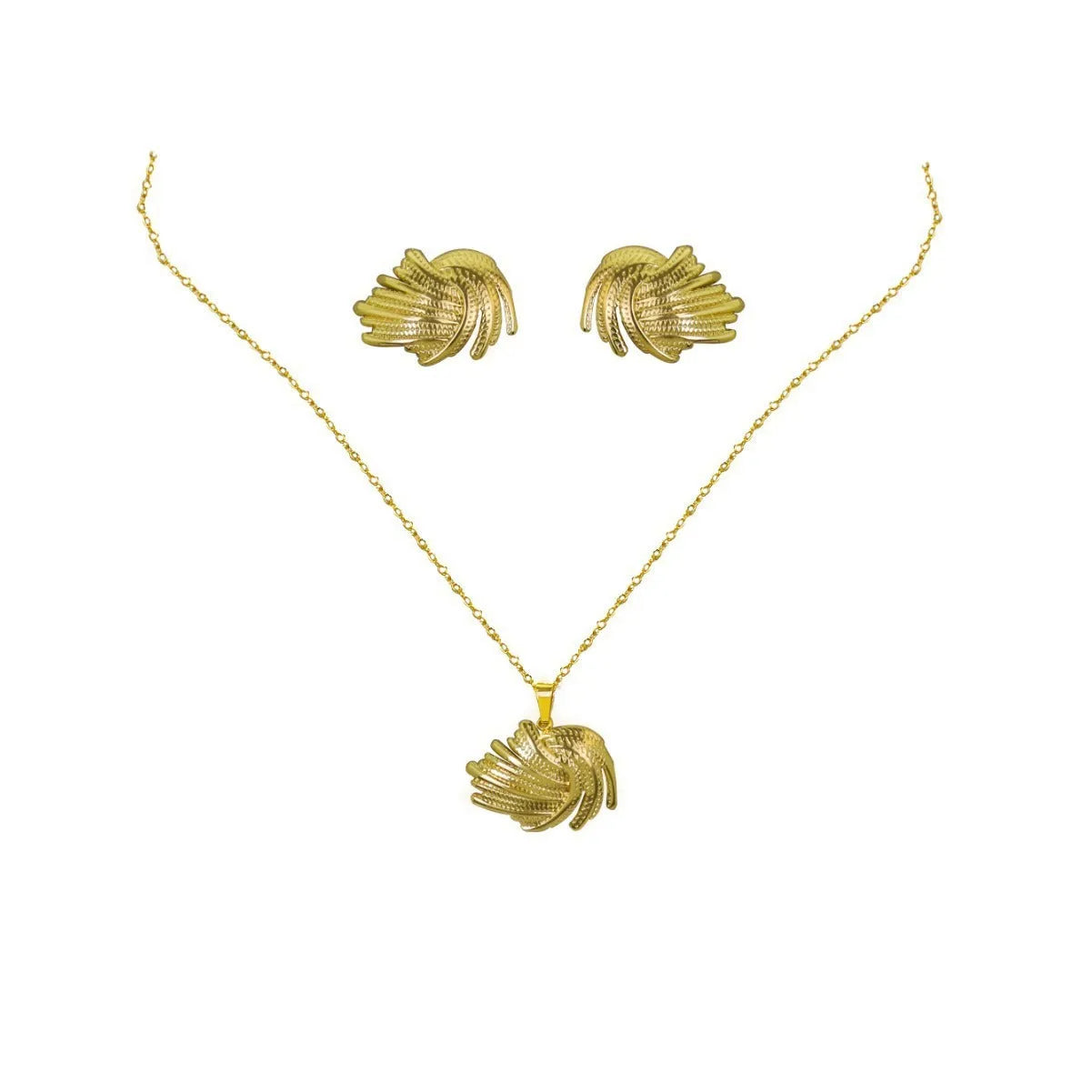 Geometric leaves texture flower love heart earrings and necklace set with stainless steel pendant and regular chain