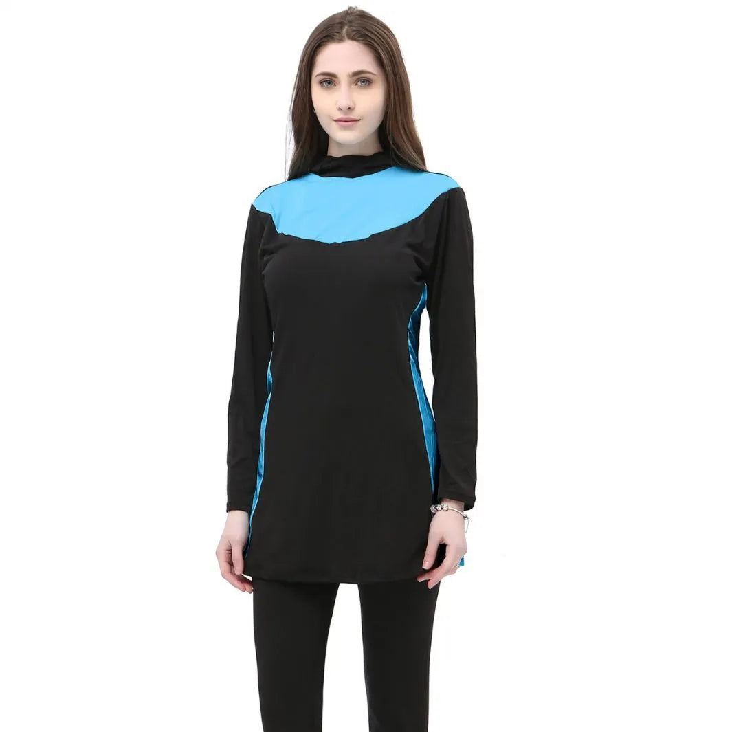 Conservative long sleeve hooded swimsuit for women, shown as a black top and pants set.