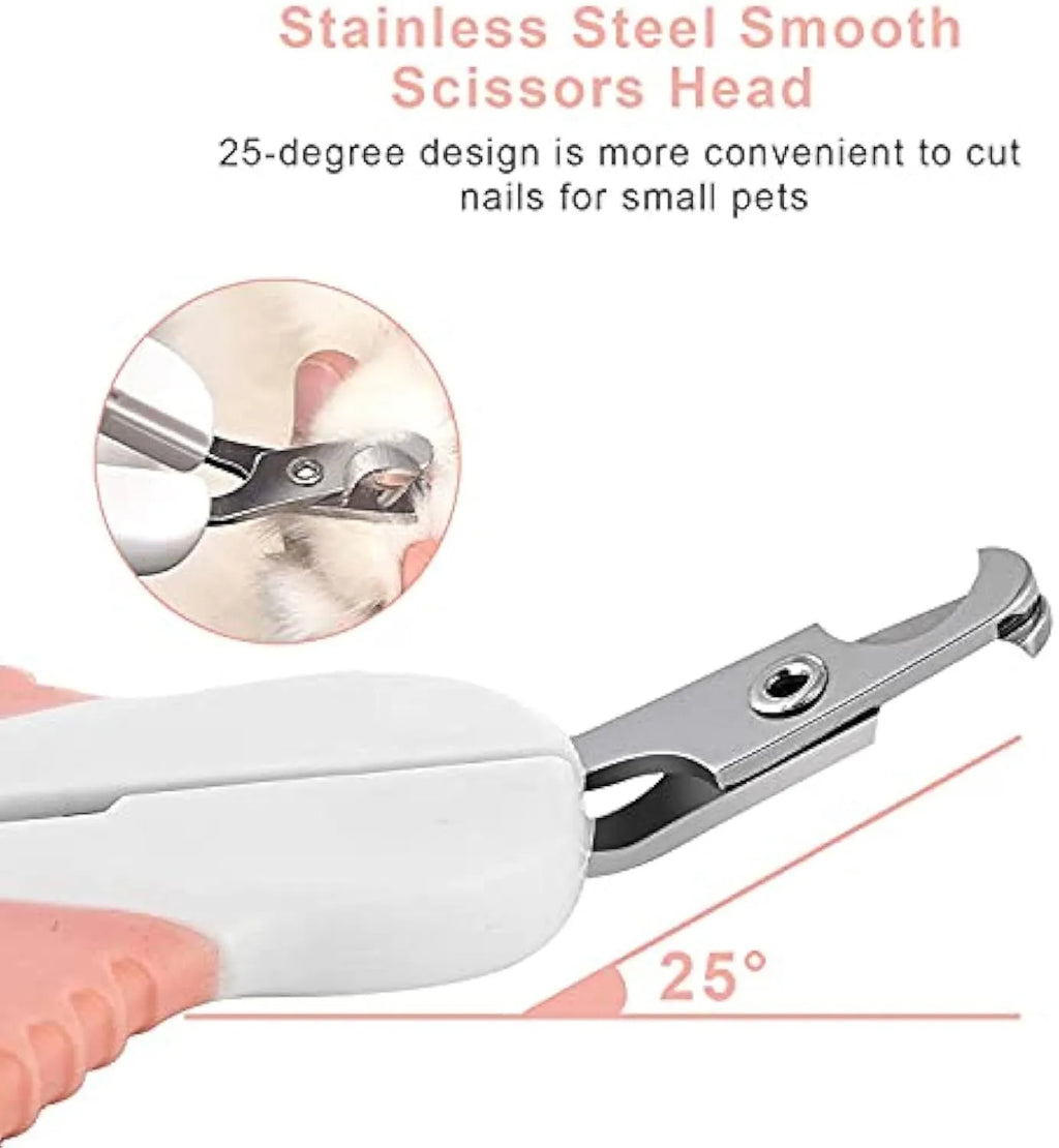 Grey and pink cat nail clippers with a safety guard and angled stainless steel blade.