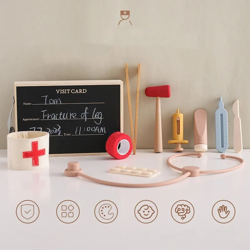 Wooden children's doctor play set with stethoscope educational toy in cloth bag packaging