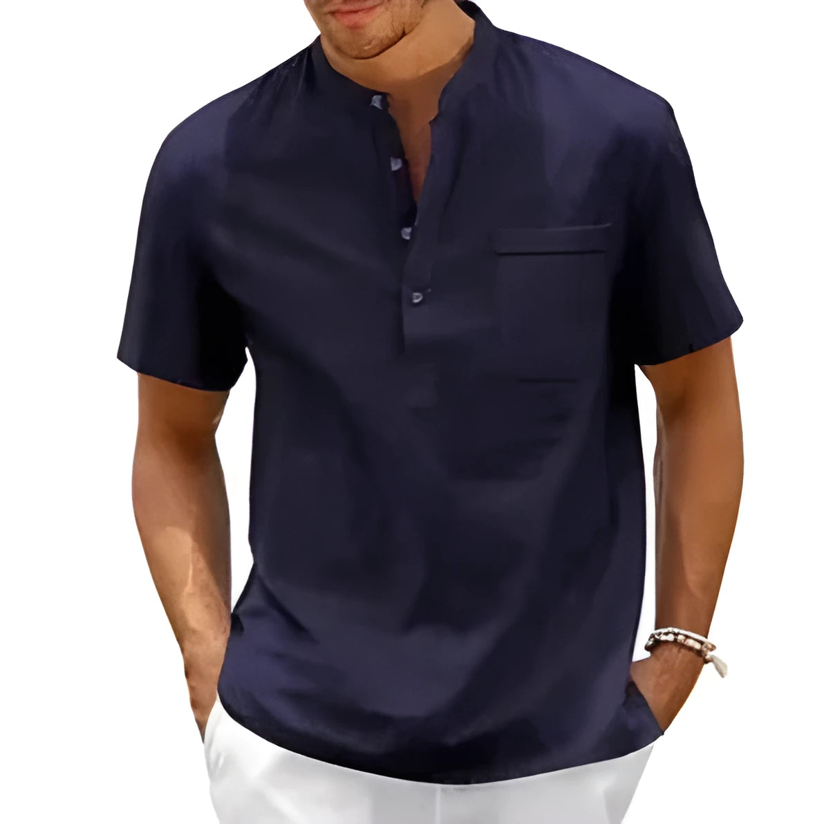 Men's solid colour stand collar polo shirt with short sleeves in lightweight bird eye cloth