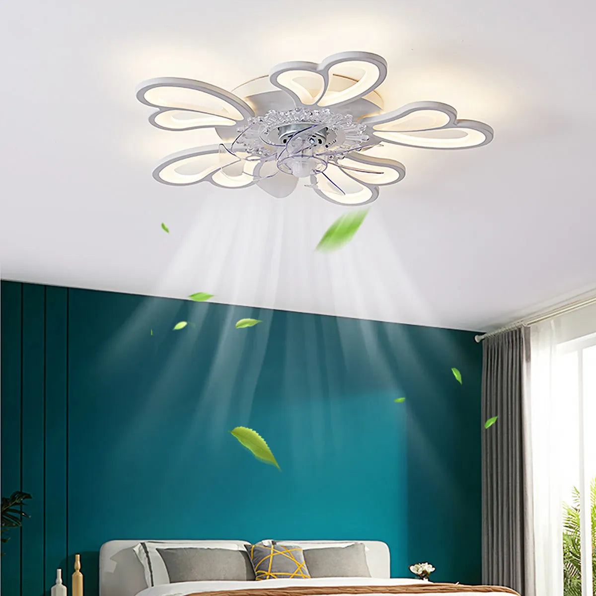 Modern white ceiling fan light with six-blade design and integrated light fitting on a room ceiling.