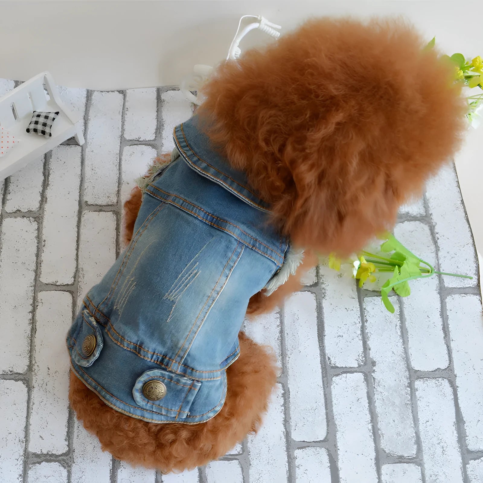 Retro scratch pattern denim dog vest in dark and light wash colours on a mannequin, showing vest style.