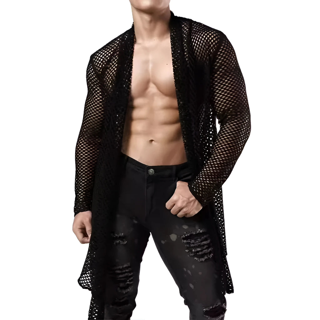 Black mens polyester cardigan with mesh see-through knit pattern and long sleeves