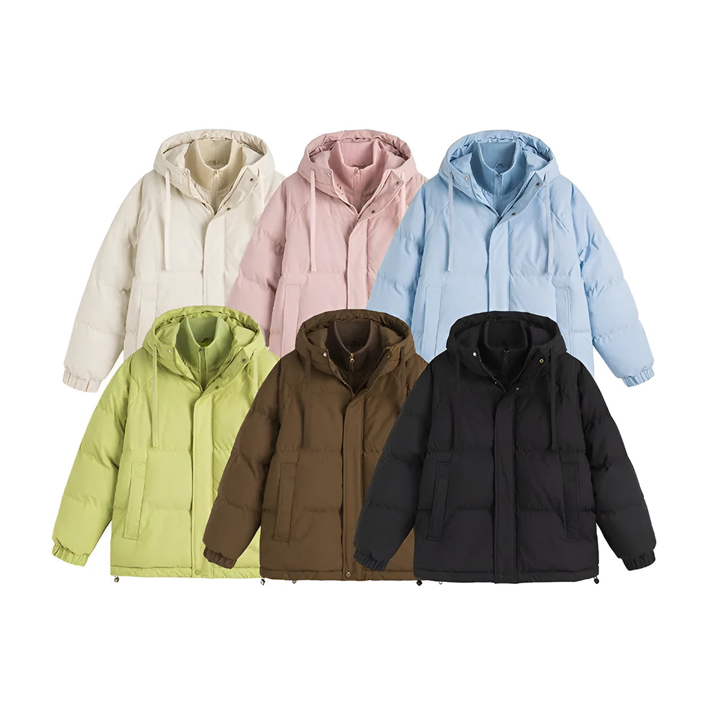 Loose-fit solid colour winter jacket with side pockets shown in beige