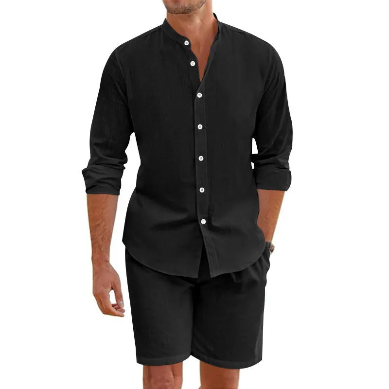 Men's dark gray linen-blend short sleeve shirt and matching drawstring shorts set for summer