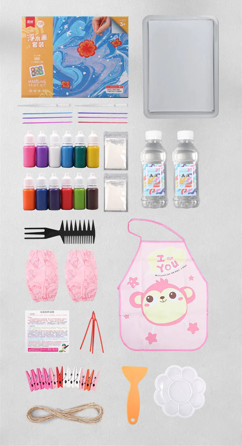 Hand painted doodle educational toy set showing pigment bottles, painting liquid, drawing paper, and stirring rods for gouache painting