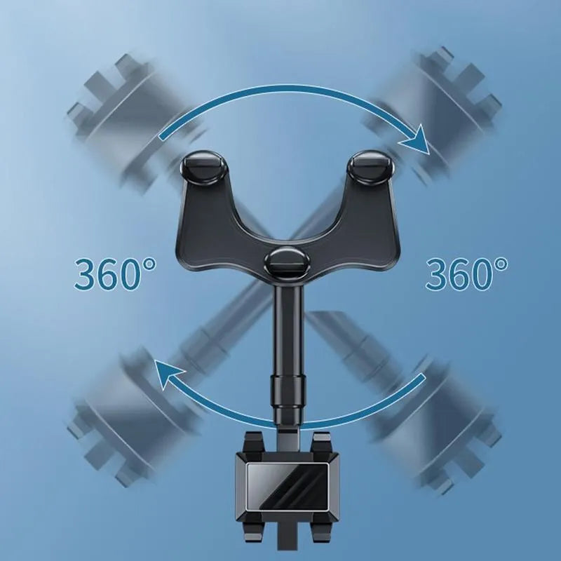 Black rearview mirror car phone holder showing 360° rotation and telescopic arm extended.