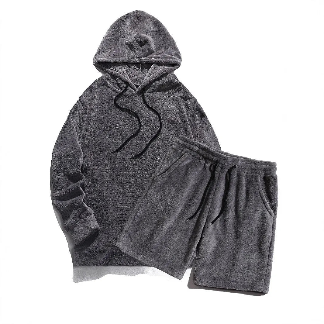 Plus size men's hooded coral fleece sweatshirt and shorts set in gray, 2XL size